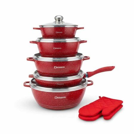 Set de Casseroles et Poêle Antiadhésif Granite Rouge – Batterie de Cuisine Dessini 10 Pièces – Fonte d'Aluminium avec Accessoires