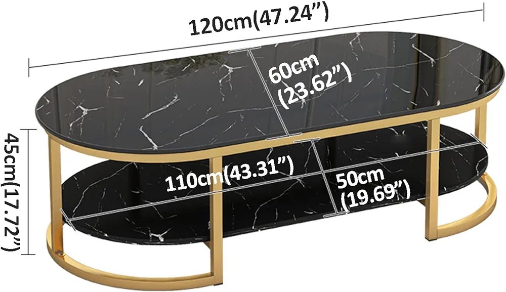 Table Basse Salon, Table Basse avec Rangements, Table Basse Scandinave avec Pieds en Métal Doré, Table Rectangulaire Arrondie de Salon, Texture Marbre Blanc 110x60x45cm – Image 2