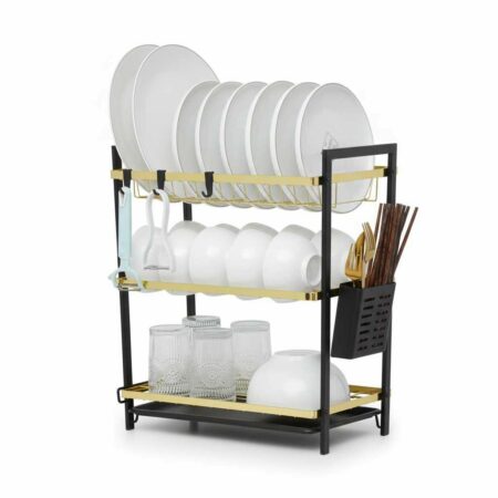 Égouttoir à Vaisselle 3 Niveaux Luxe – Rangement Vaisselle Métal Noir et Or – Sèche-Vaisselle avec Porte-Couverts et Plateau Égouttoir
